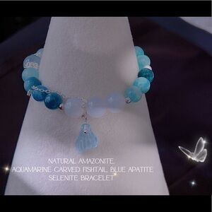 Natural amazonite, 
aquamarine carved Fishtail, blue apatite
selenite Bracelet